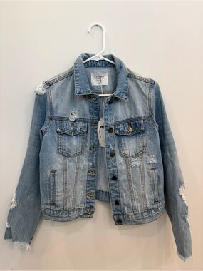 Light Blue Distressed Denim Jacket - Women
